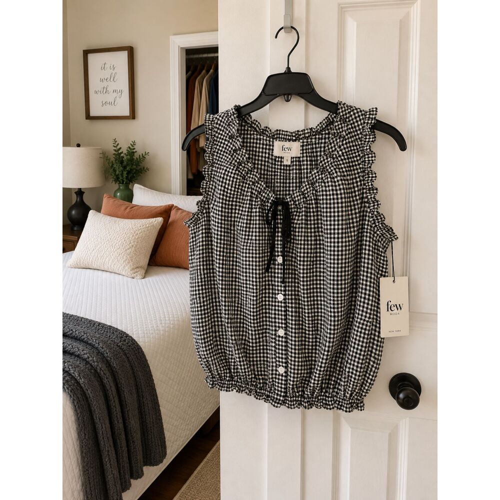 Few Moda Womens Gingham Ruffle Blouse Size 8 Black White NWT